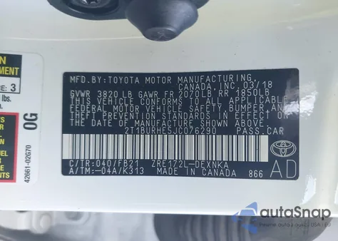 2018 Toyota Corolla Le from USA, damaged, VIN 2T1BURHE5JC076290